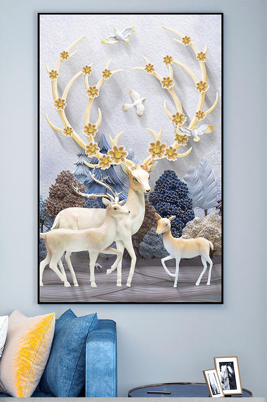 玄关竖式麋鹿装饰画-众图网