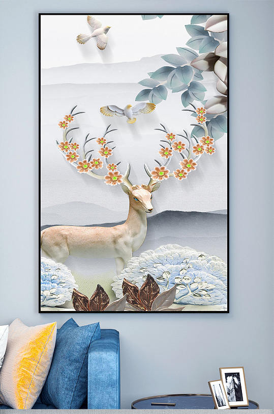 油画麋鹿玄关装饰画