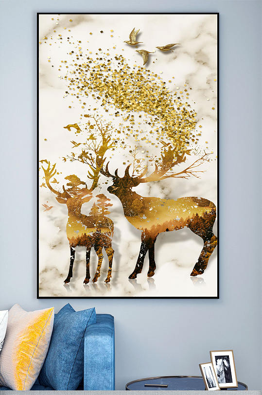 麋鹿发财鹿中式装饰画