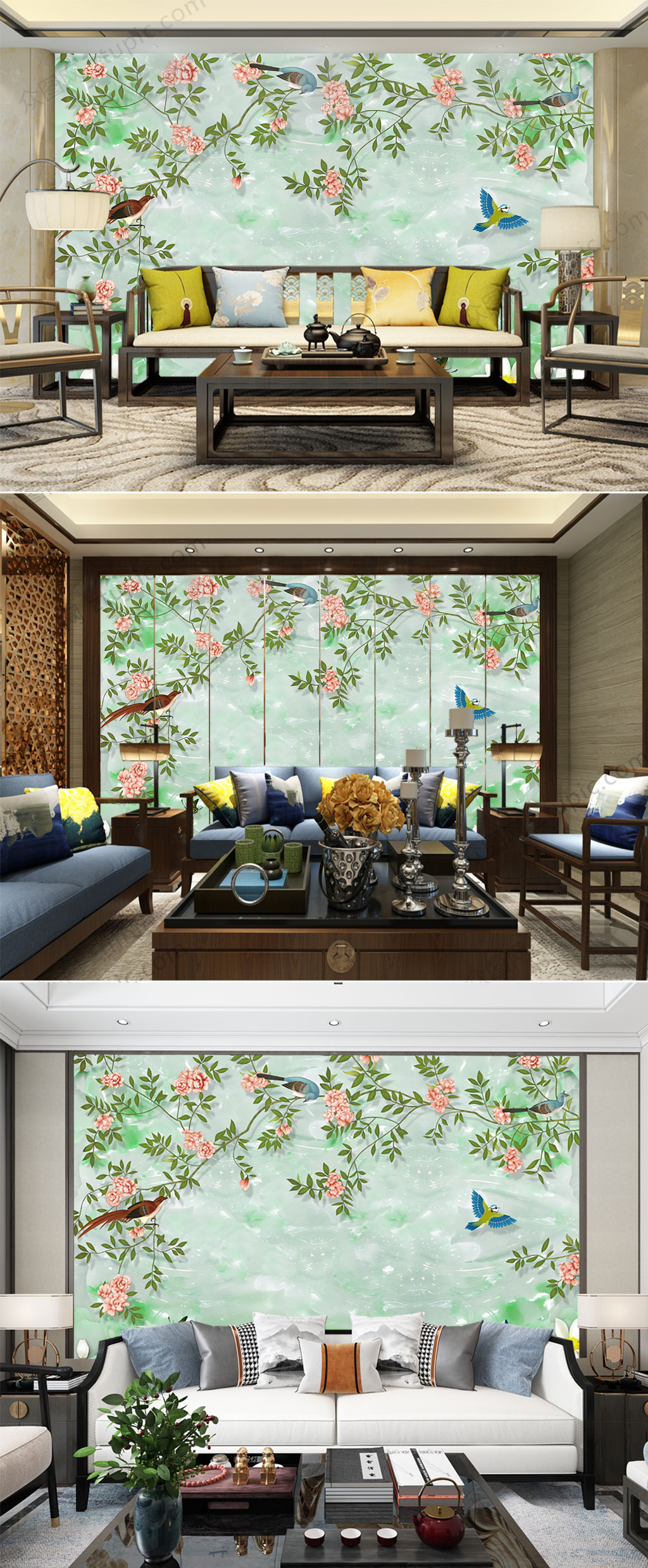 中式花鸟玉石背景墙素材