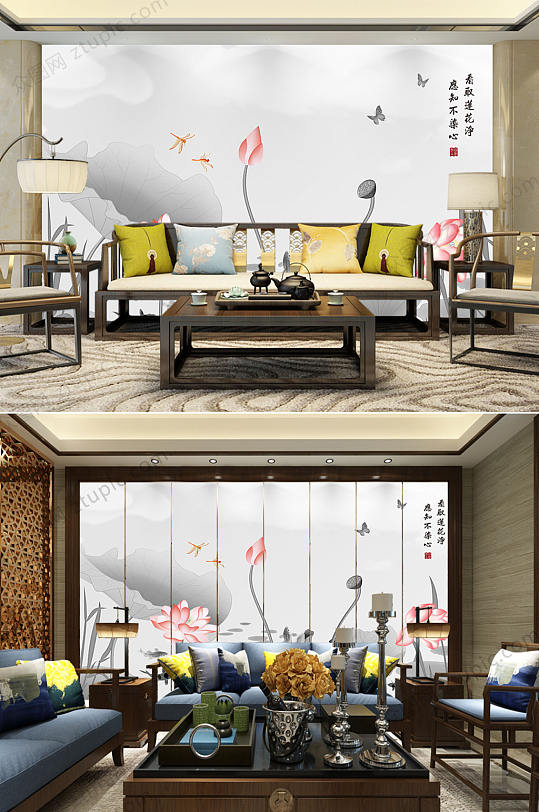 手绘荷花荷莲家装背景墙-众图网