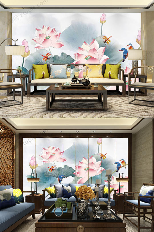 水莲花彩雕莲花背景墙-众图网