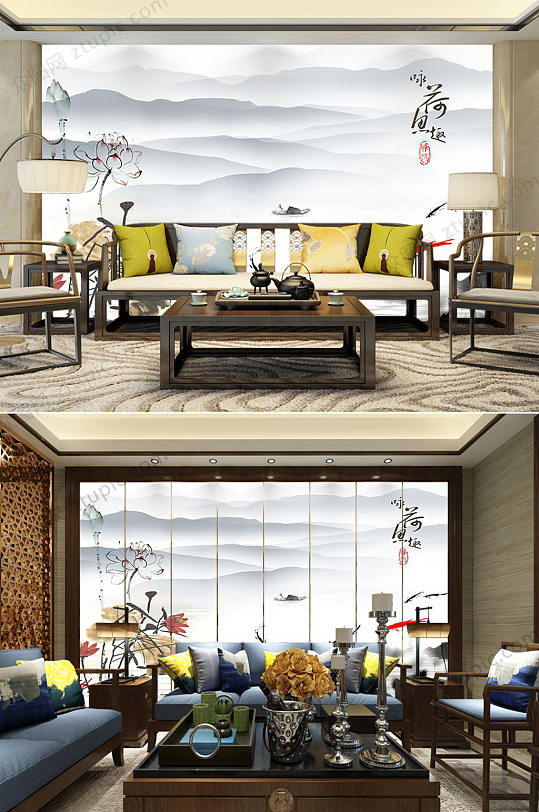 水墨山峰意境室内背景墙-众图网