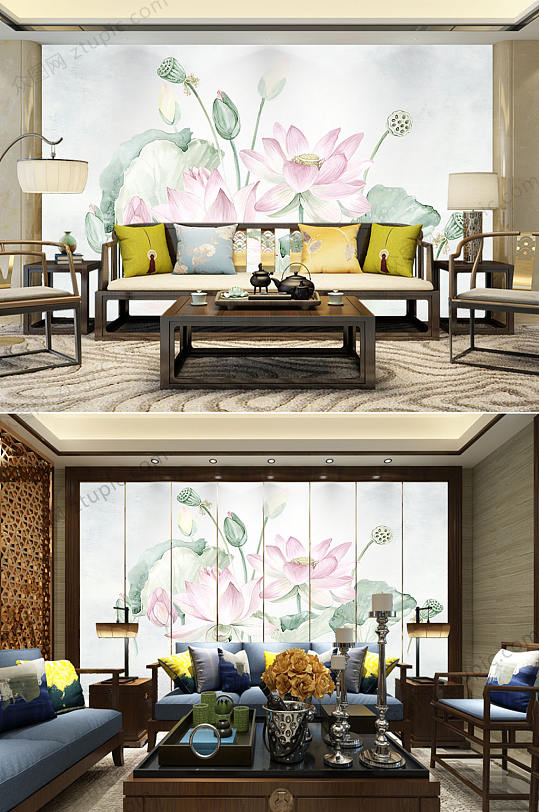 素雅荷花水墨背景墙-众图网