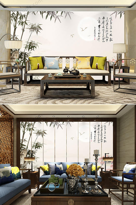 中式背景山水背景墙竹-众图网