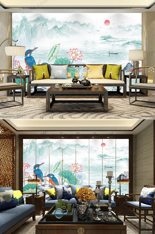 水墨莲室内背景墙-众图网