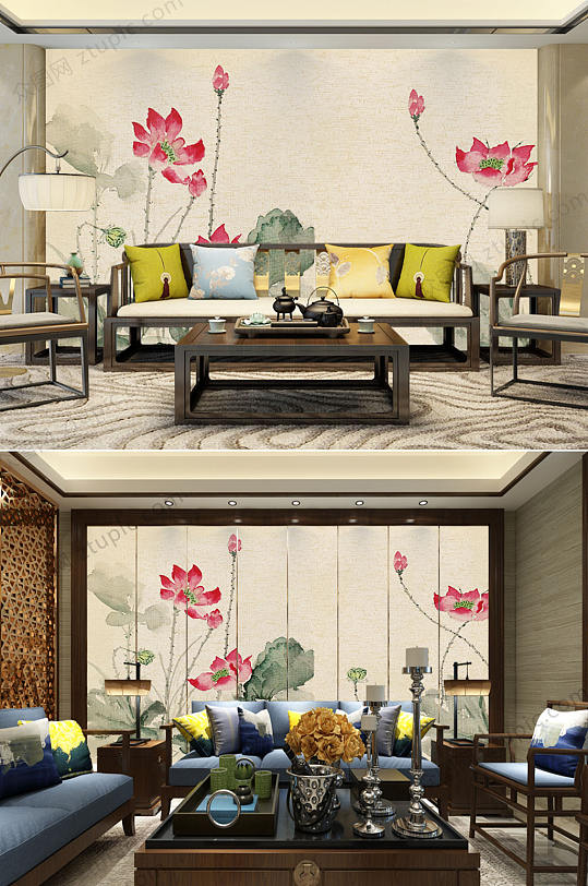 简约水墨莲卧室背景墙-众图网