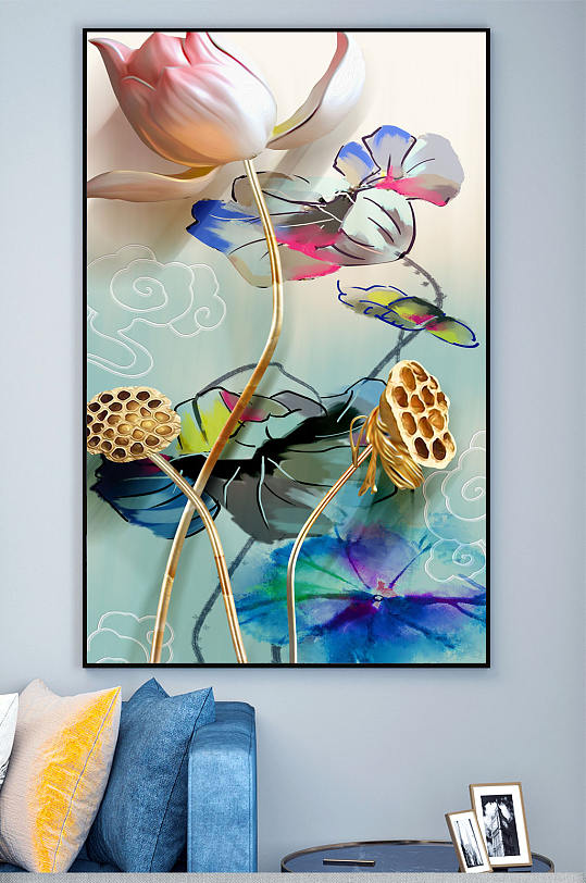 色彩水墨荷花玄关装饰画