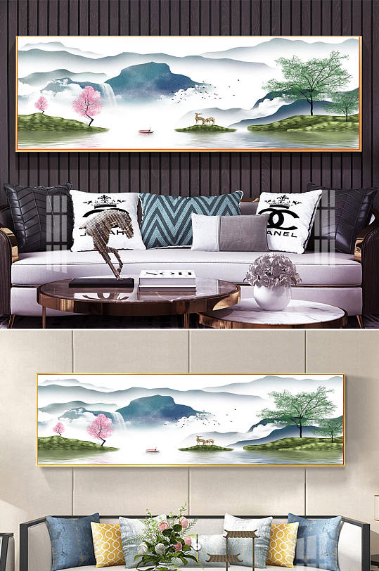 水墨荷花沙发装饰画-众图网