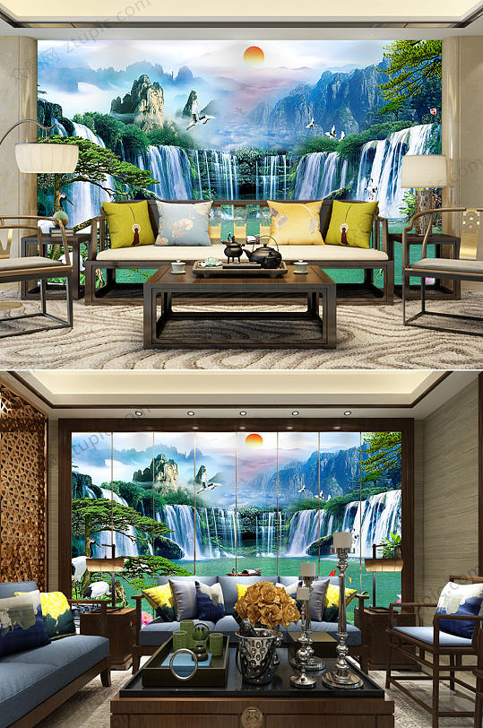 旭日东升瀑布背景墙-众图网