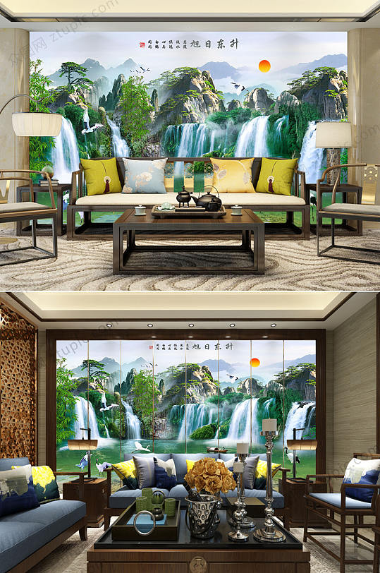 旭日东升山水背景墙-众图网