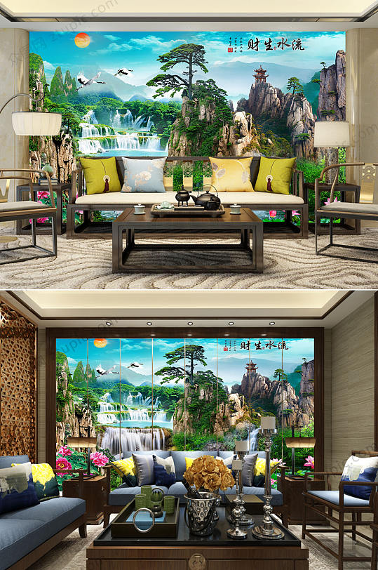 高端流水生财山水背景墙-众图网