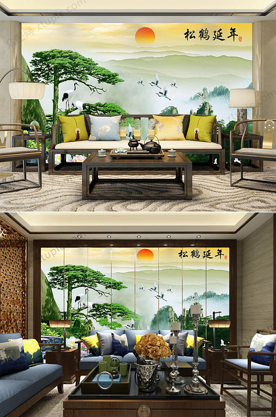 松鹤延年风景背景墙-众图网
