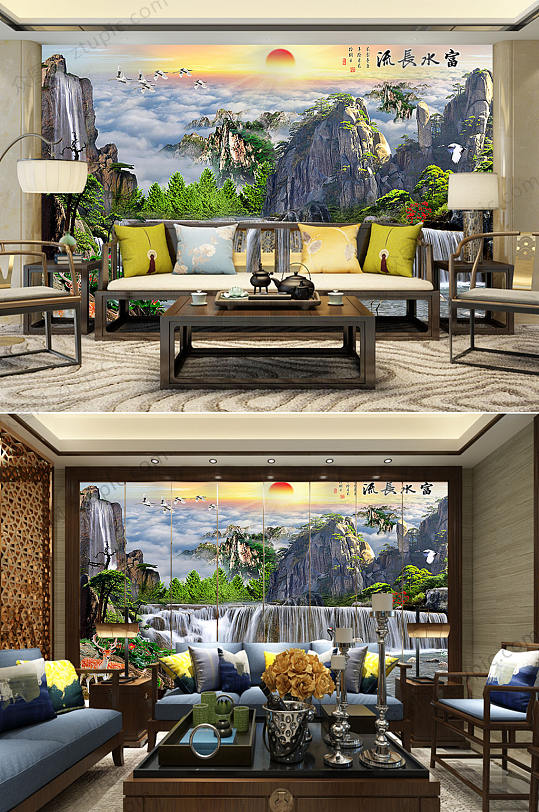 高清富水长流背景墙-众图网