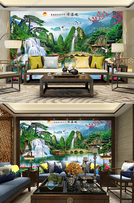 国画山水山水背景墙-众图网