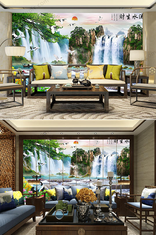 唯美流水生财山水背景墙-众图网
