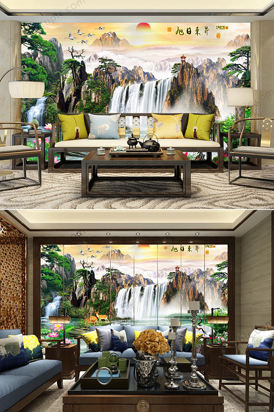 高端旭日东升山水背景墙-众图网