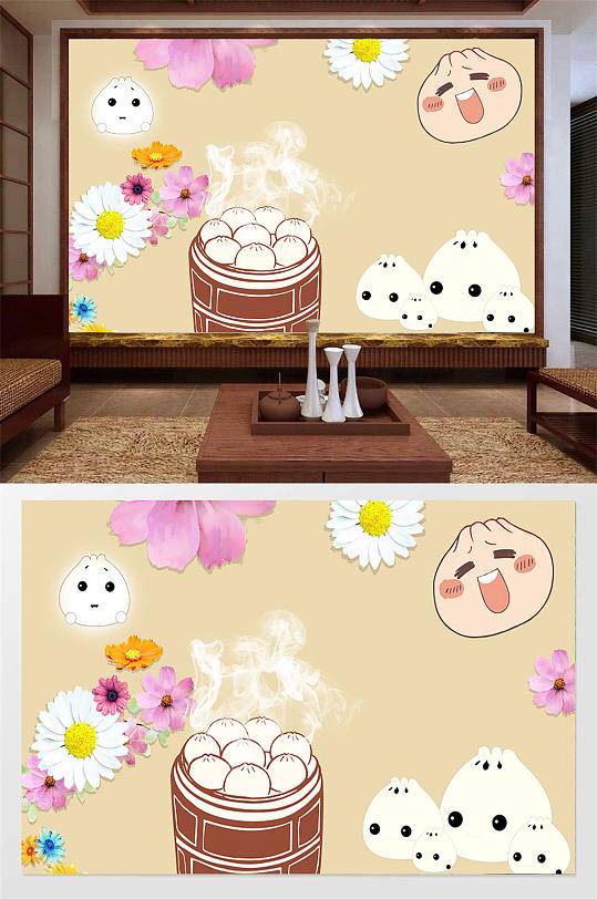 卡通创意包子美食背景墙-众图网