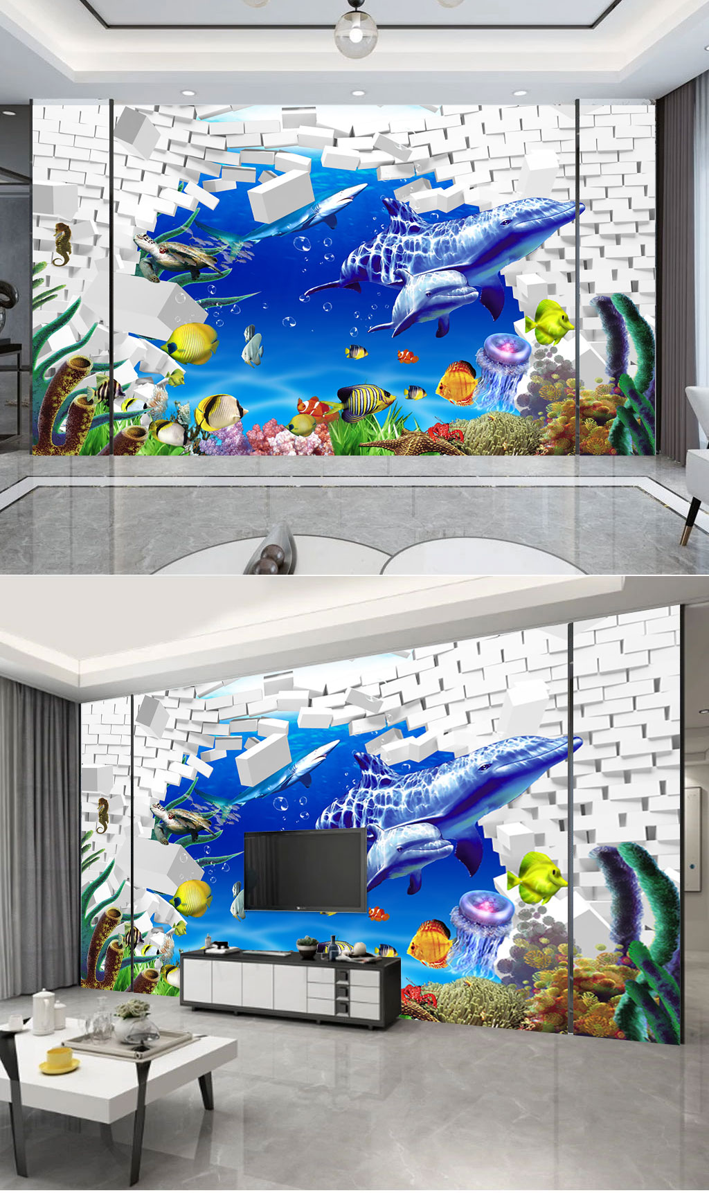蓝色梦幻海洋背景墙素材