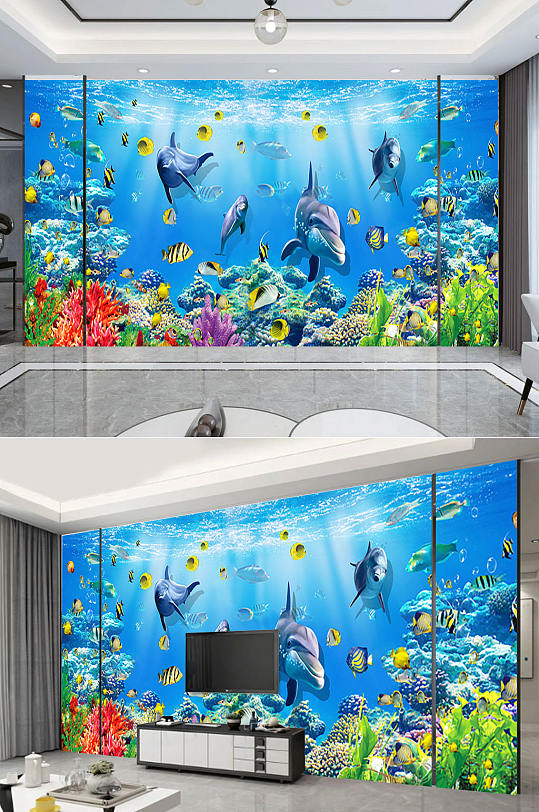 卡通海底世界电视墙壁纸-众图网