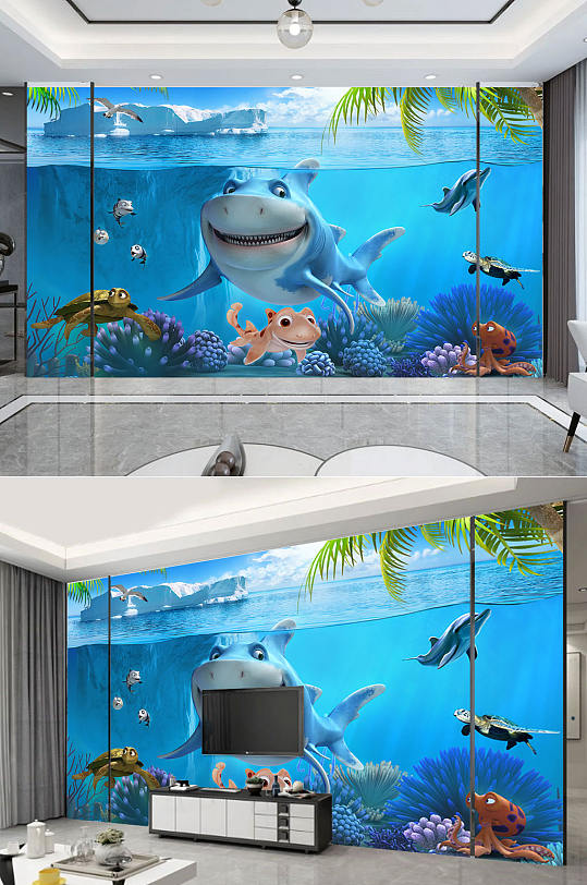 l蓝色清新海底背景墙-众图网