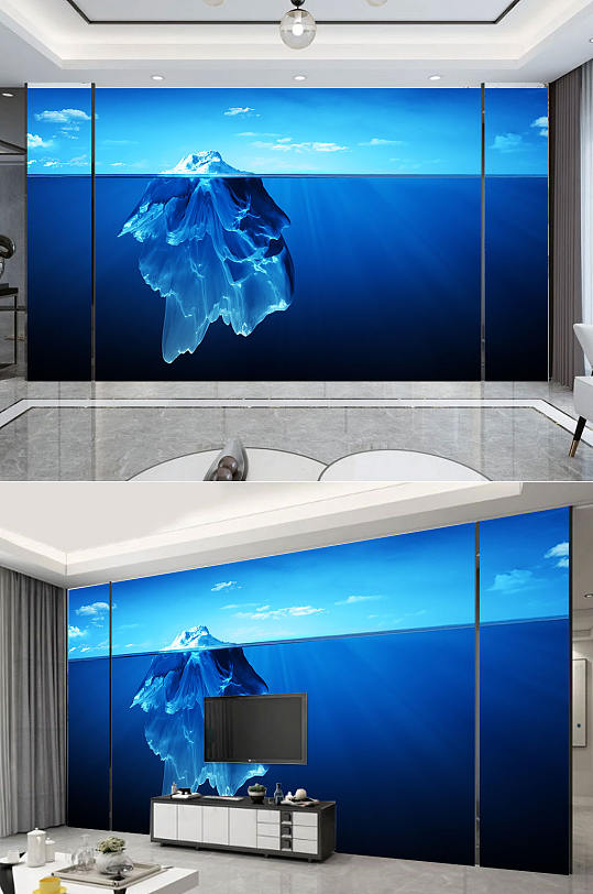 蓝色简约电视背景墙-众图网