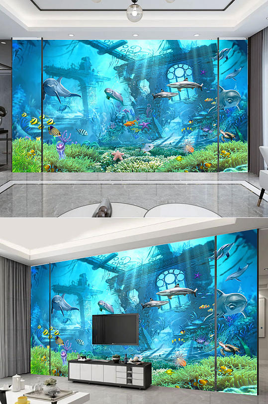 卡通海洋世界电视背景墙-众图网