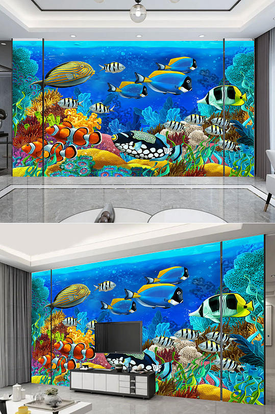 卡通海洋世界背景墙-众图网