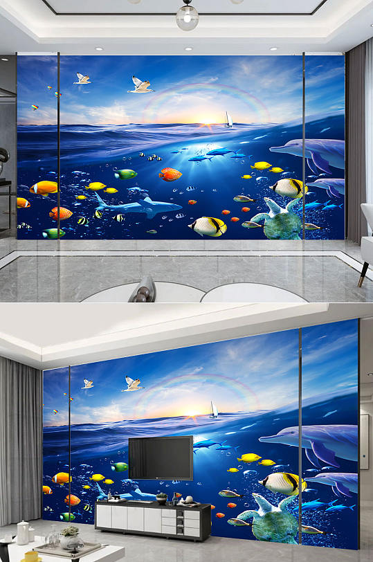 海底鱼群电视背景墙-众图网
