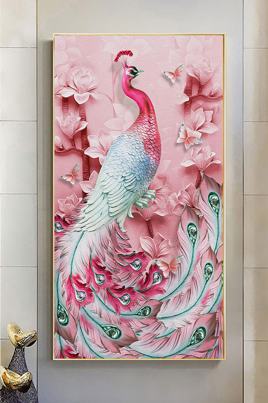 粉色孔雀玄关装饰画