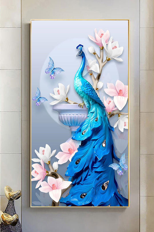 蓝色意境孔雀玄关装饰画