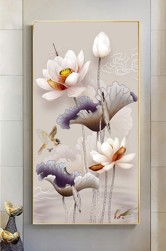 手绘荷花玄关装饰画-众图网