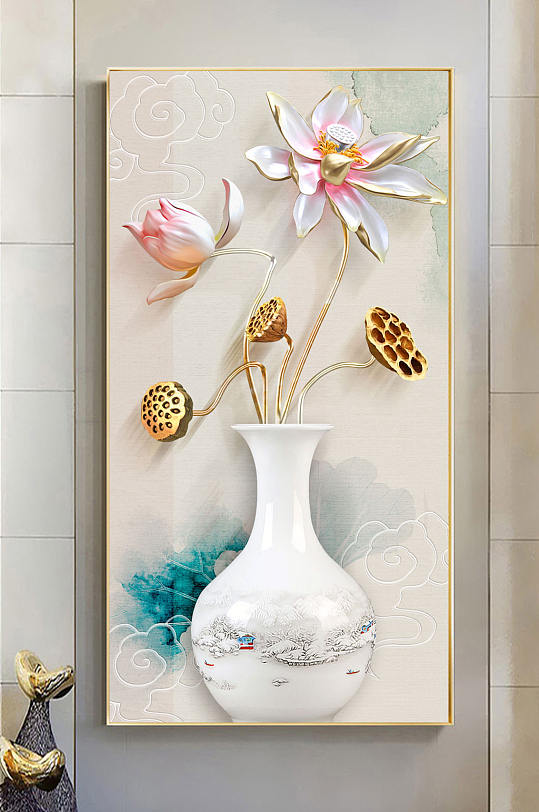 唯美荷花花瓶玄关装饰画-众图网