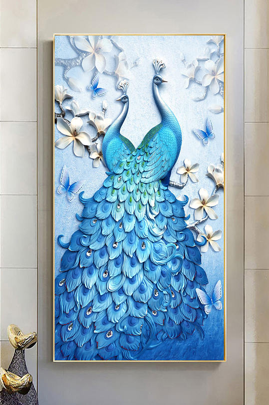 蓝色意境孔雀玄关装饰画-众图网