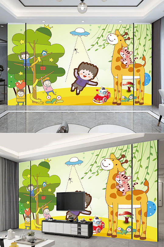 卡通淡雅儿童背景墙-众图网