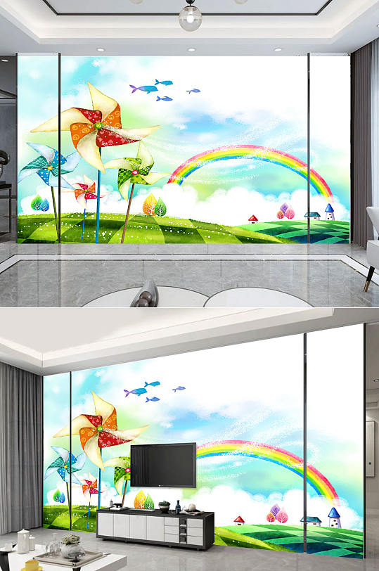 彩虹风儿童背景墙-众图网