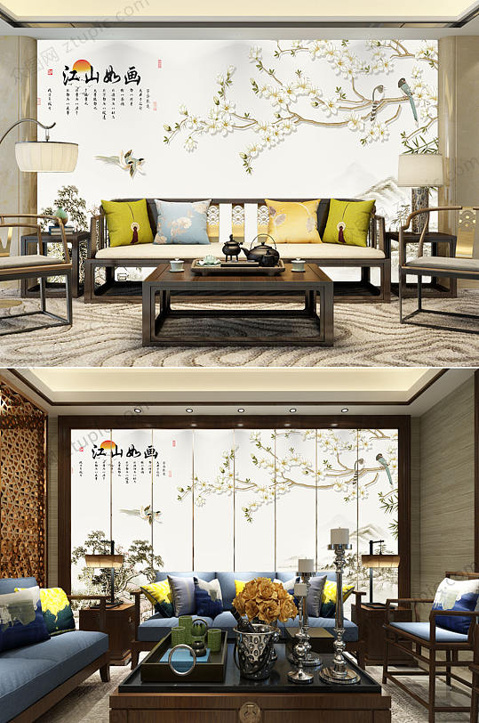 电视背景墙卧室花鸟图设计-众图网