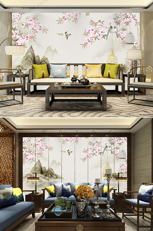 新中式花鸟工笔背景墙-众图网