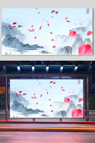 中国风山水水墨中式花鸟梅花背景