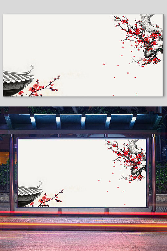 中國風水墨背景山水中式花鳥梅花