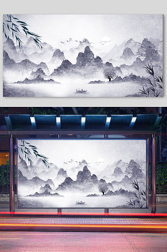 中国风水墨中式花鸟梅花山水背景
