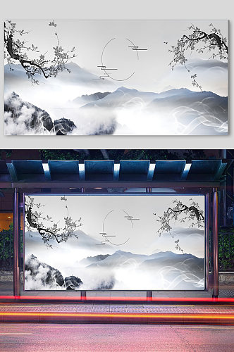 中国风水墨山水中式花鸟梅花背景