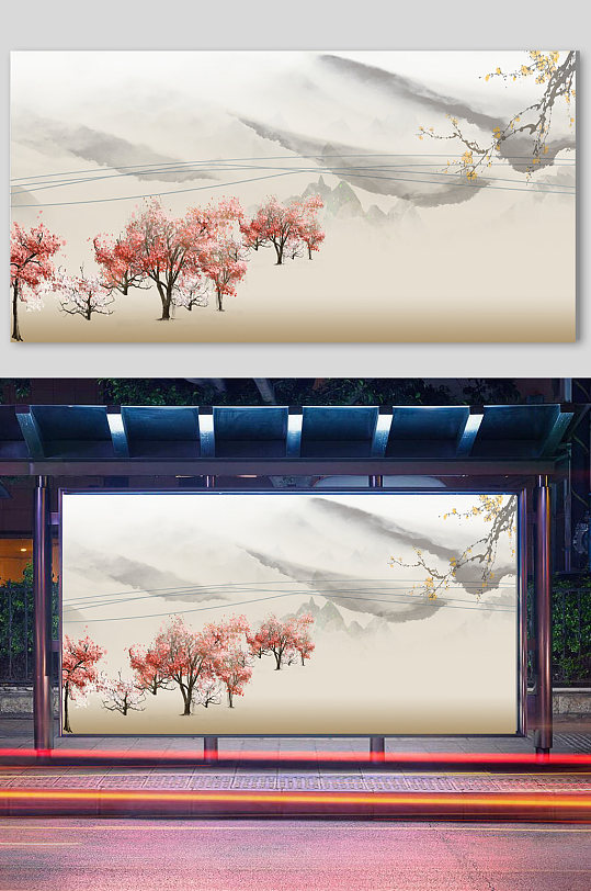 中國風山水水墨中式花鳥梅花背景