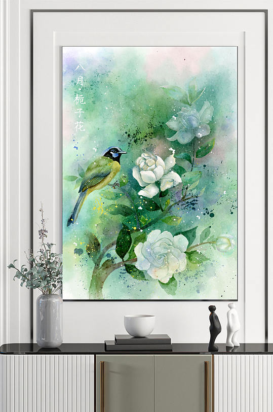 8月栀子花水墨-众图网