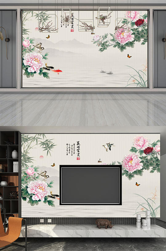 牡丹花开富贵电视背景墙-众图网