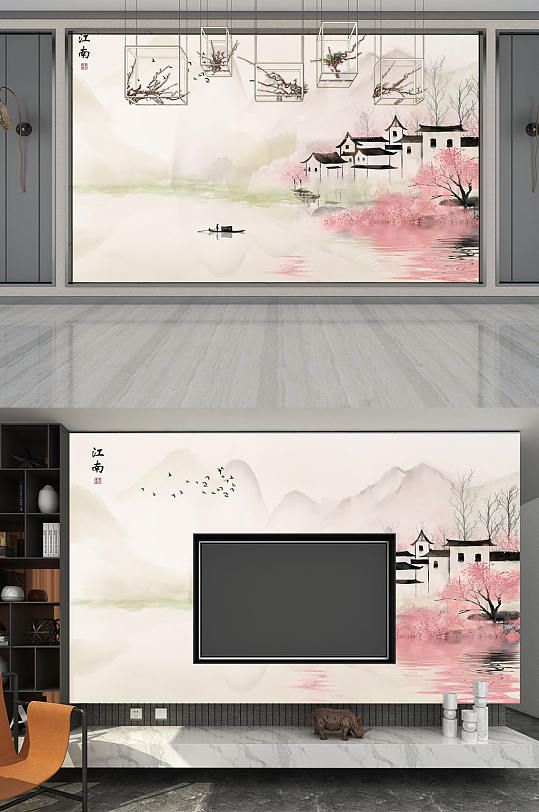 山峰山脉 桃花林背景墙-众图网