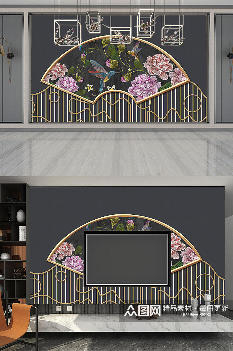 中国风刺绣中式沙发背景墙素材