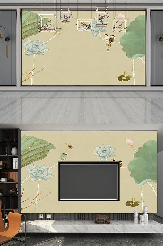 电视背景墙荷花鲤鱼