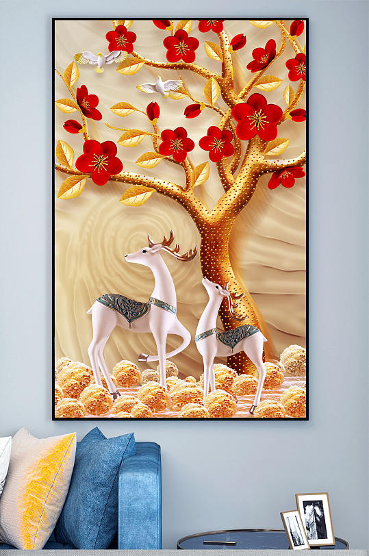 水晶瓷画 发财树鹿装饰画-众图网