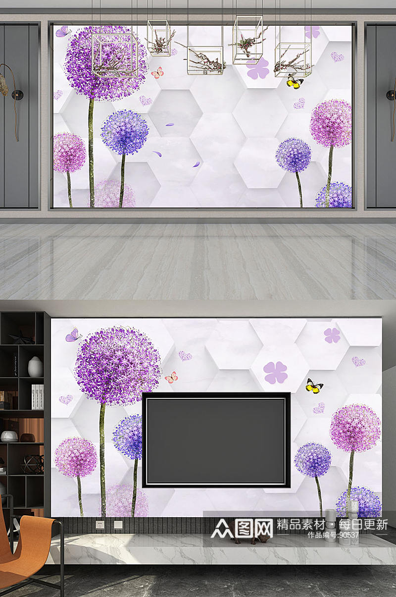 蒲公英花卉现代背景墙素材